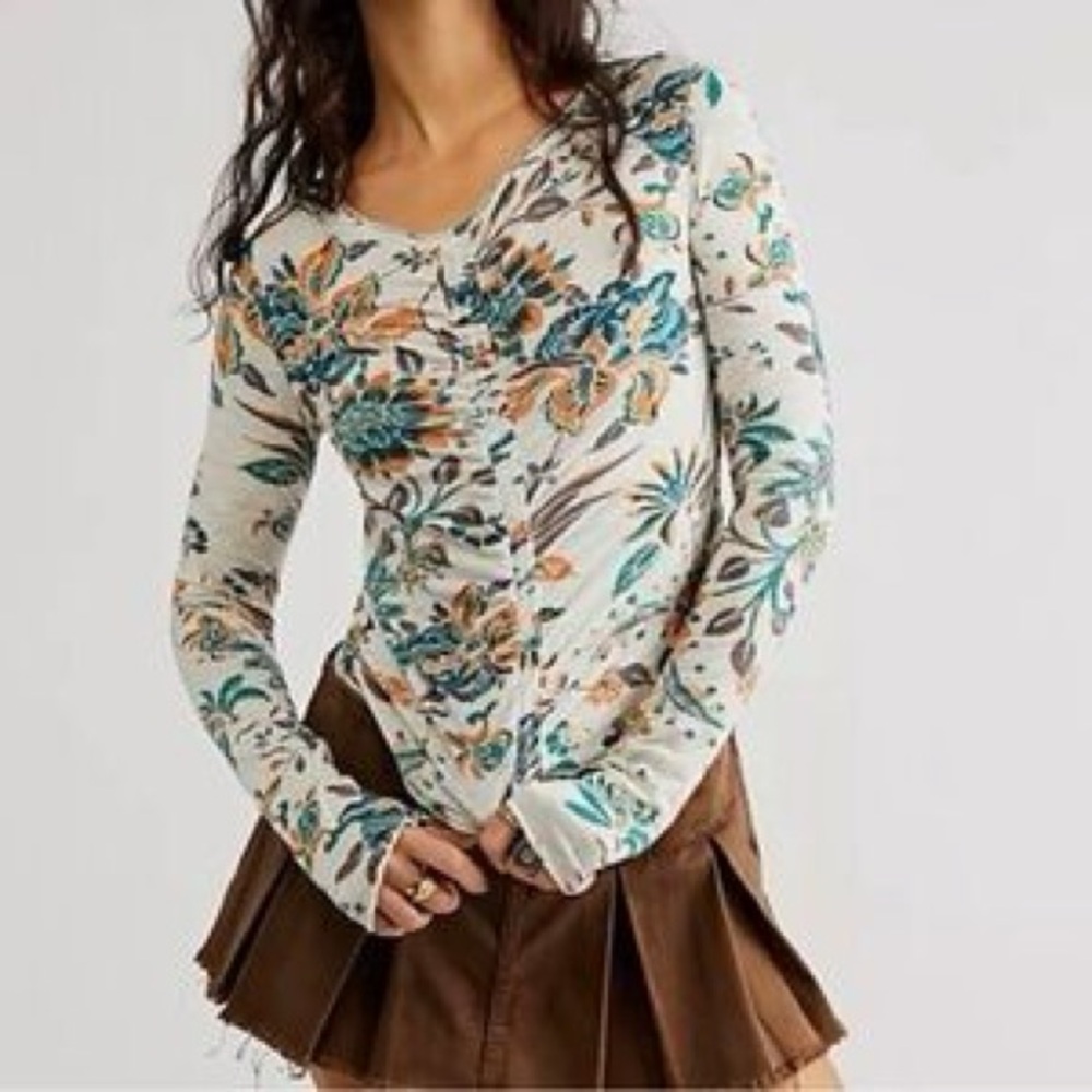 Free People Floral Long Sleeve Blouse - Cream and Teal